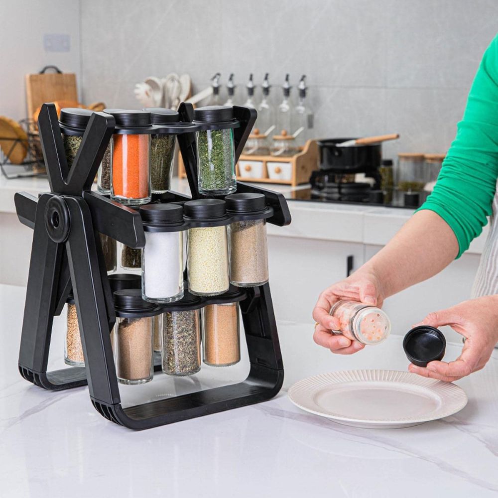 18 Jar Rotating Spice Rack Organizer | 360° Revolving Masala Stand with Glass Spice Jars for Kitchen Counter & Cabinet