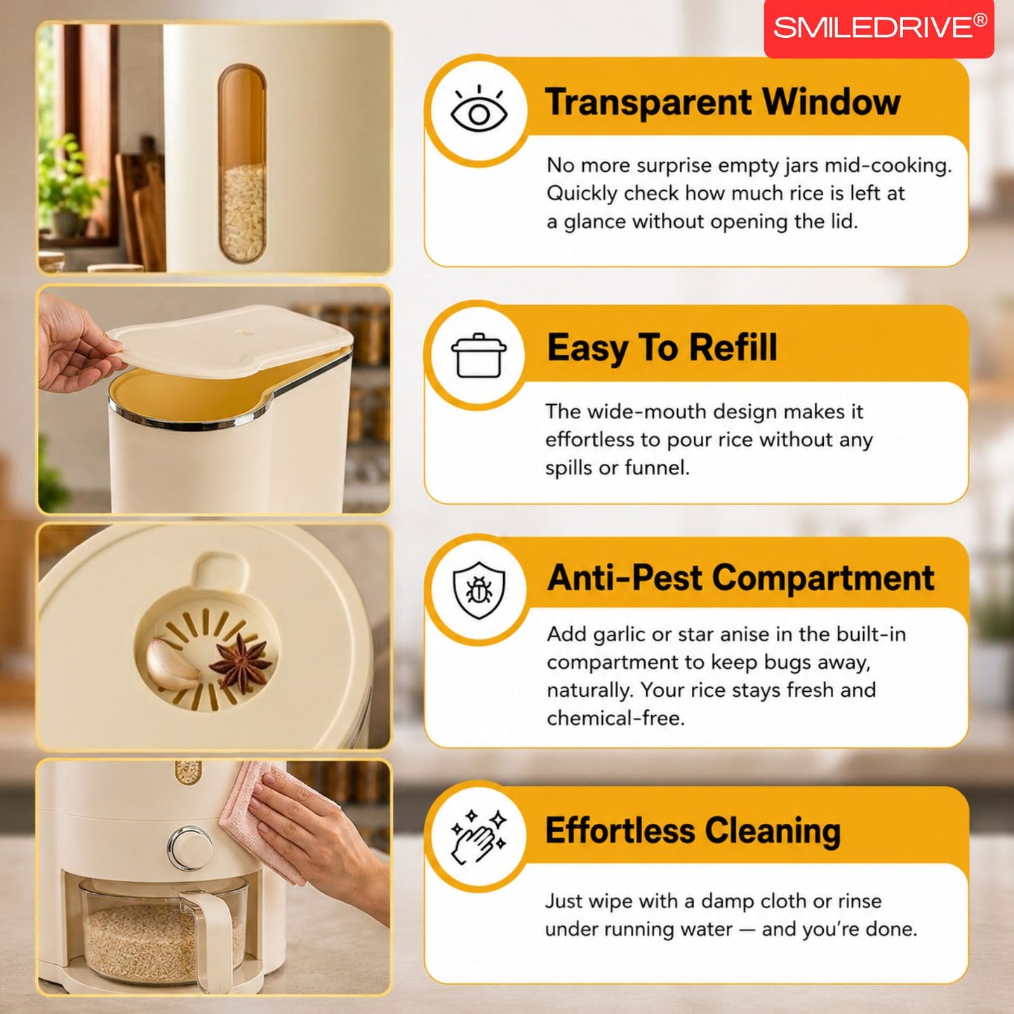 Rice Dispenser Grain Storage and Dispensing Unit with Measuring Cup | 10KG Airtight Grain Storage Organizer for Kitchen