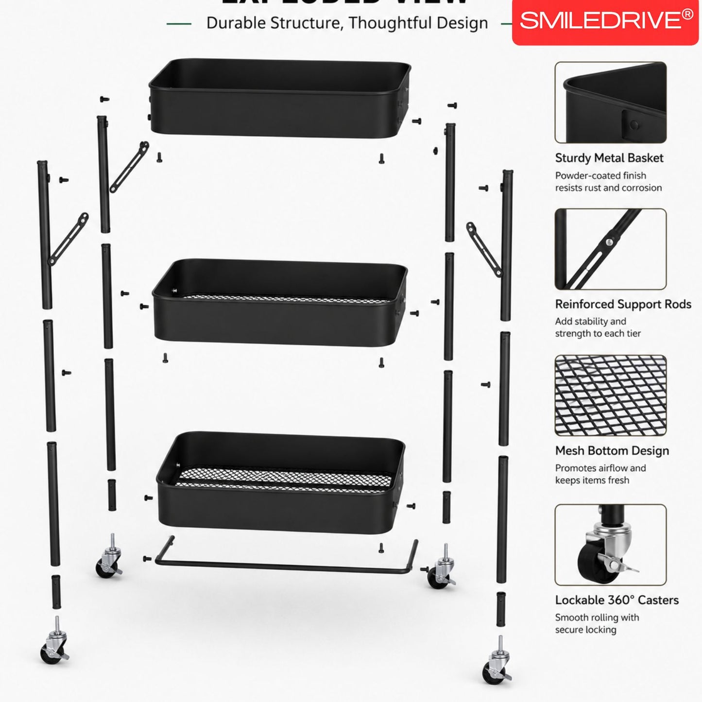 Kitchen Storage Trolley | 3 Tier Fruit and Vegetable Basket with Wheels | Rolling Cart Trolley for Kitchen, Pantry, Bathroom & Laundry Room | Black