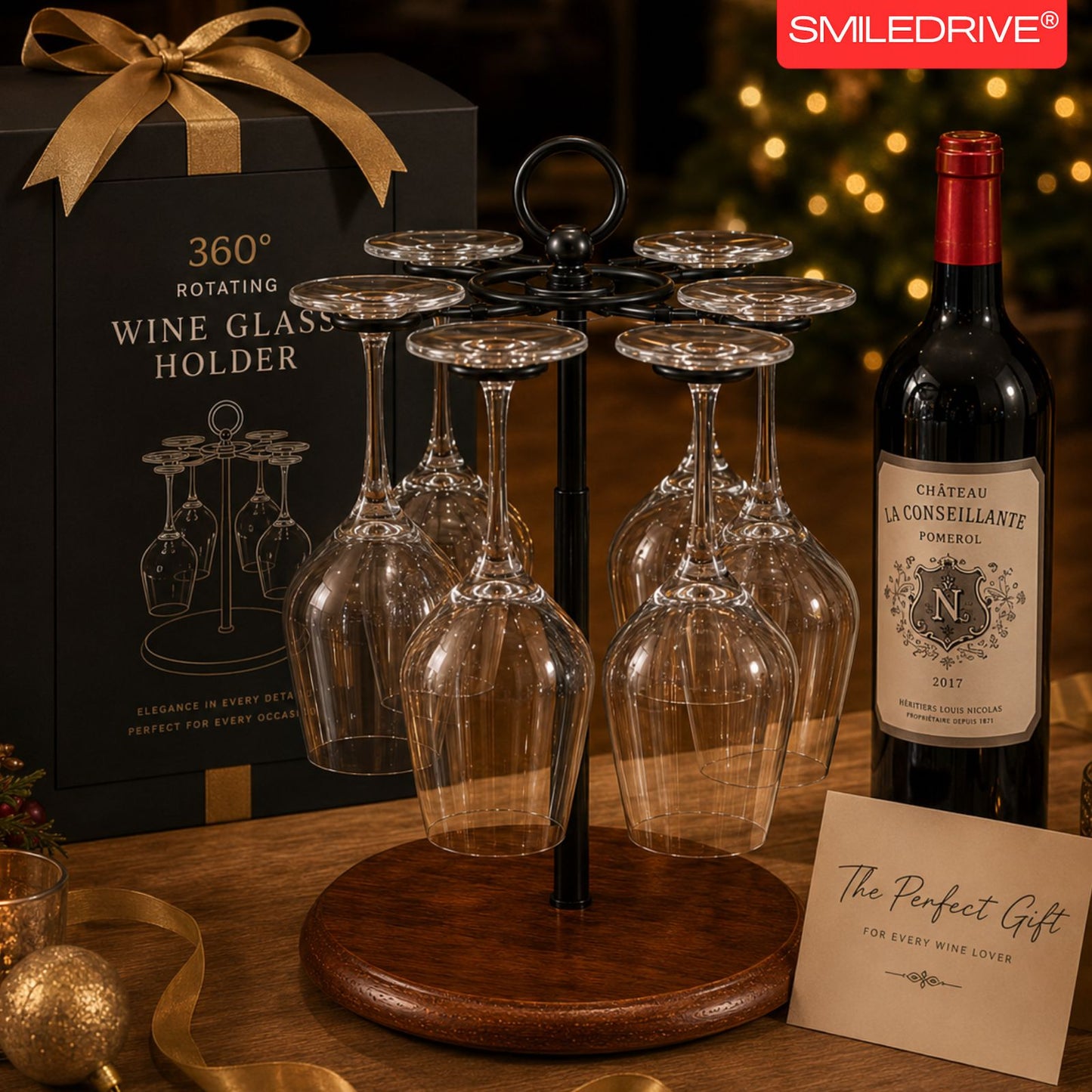 Wine Glass Holder Stand for 6 Glasses | 360° Rotating Wooden Base Stemware Organizer for Home Bar, Kitchen & Dining Table