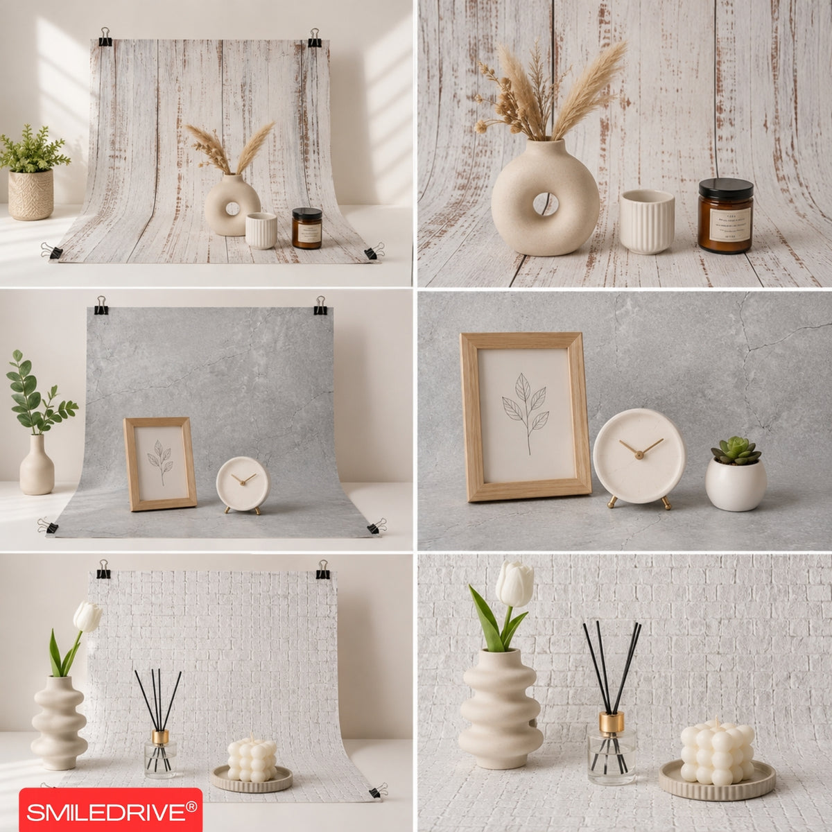 Product Photography Backdrop Kit | 22x34.5 Inch Photography Background Sheets | 3 Front-Back Sheets with 6 Designs | 2 Particle Boards for Quick & Stable Set up