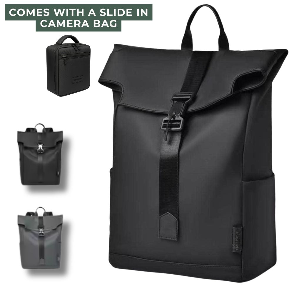Roll Top Backpack Waterproof Laptop Bag - Stylish & Space Travel, Office & College Faux Leather Bag