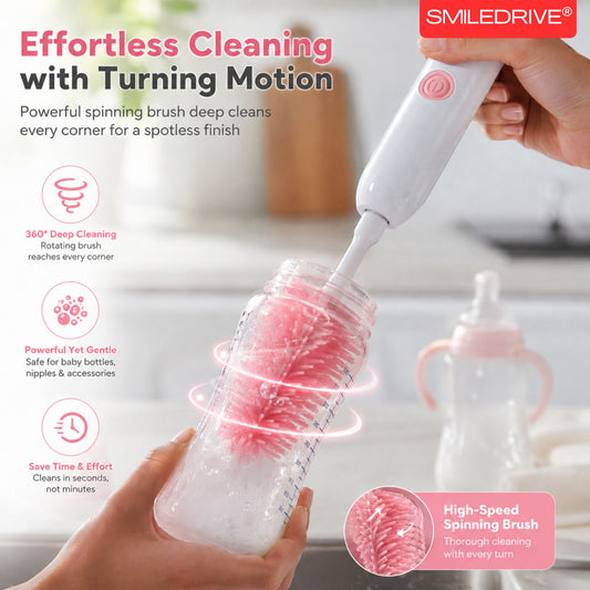 Electric Bottle Cleaning Brush Set with USB Rechargeable Handle | 4-in-1 Baby Bottle Brush Cleaner Kit | For All Bottles, Feeding Bottles, Nipples & their Accessories