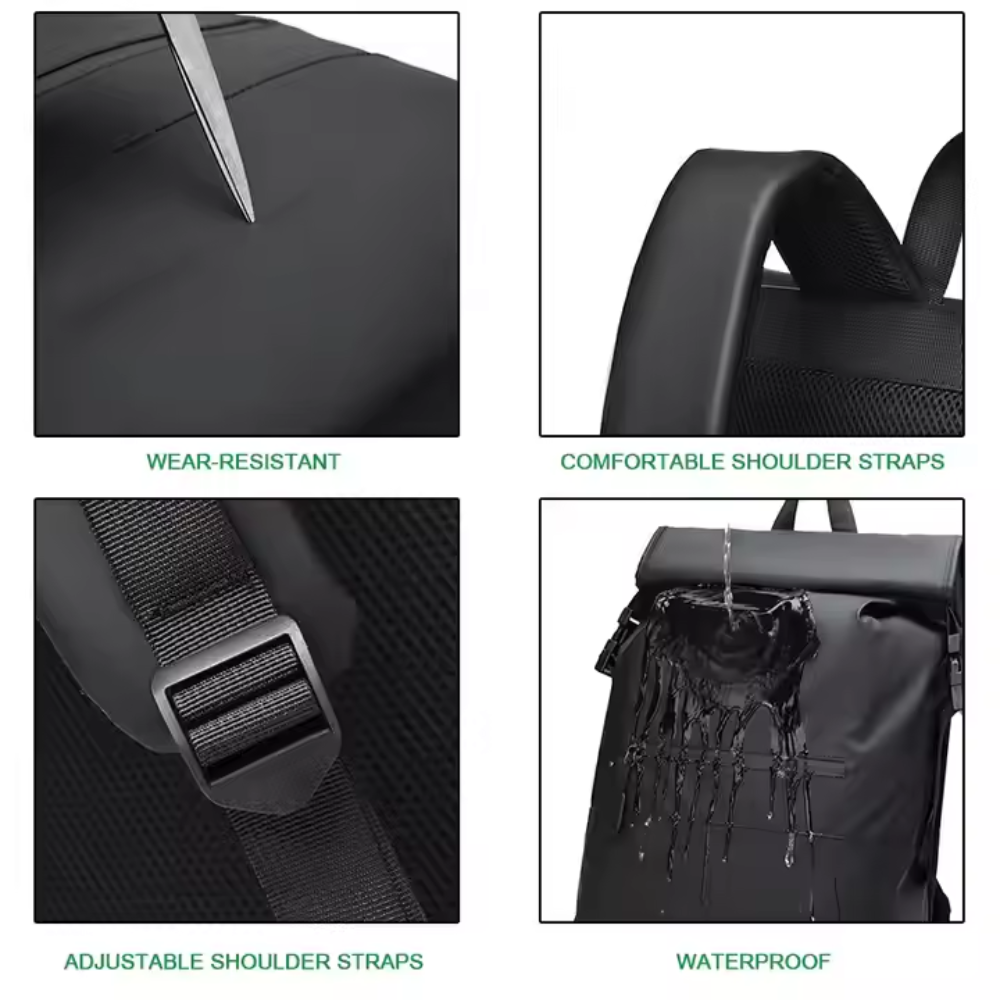 Roll Top Backpack Waterproof Laptop Bag - Stylish & Space Travel, Office & College Faux Leather Bag