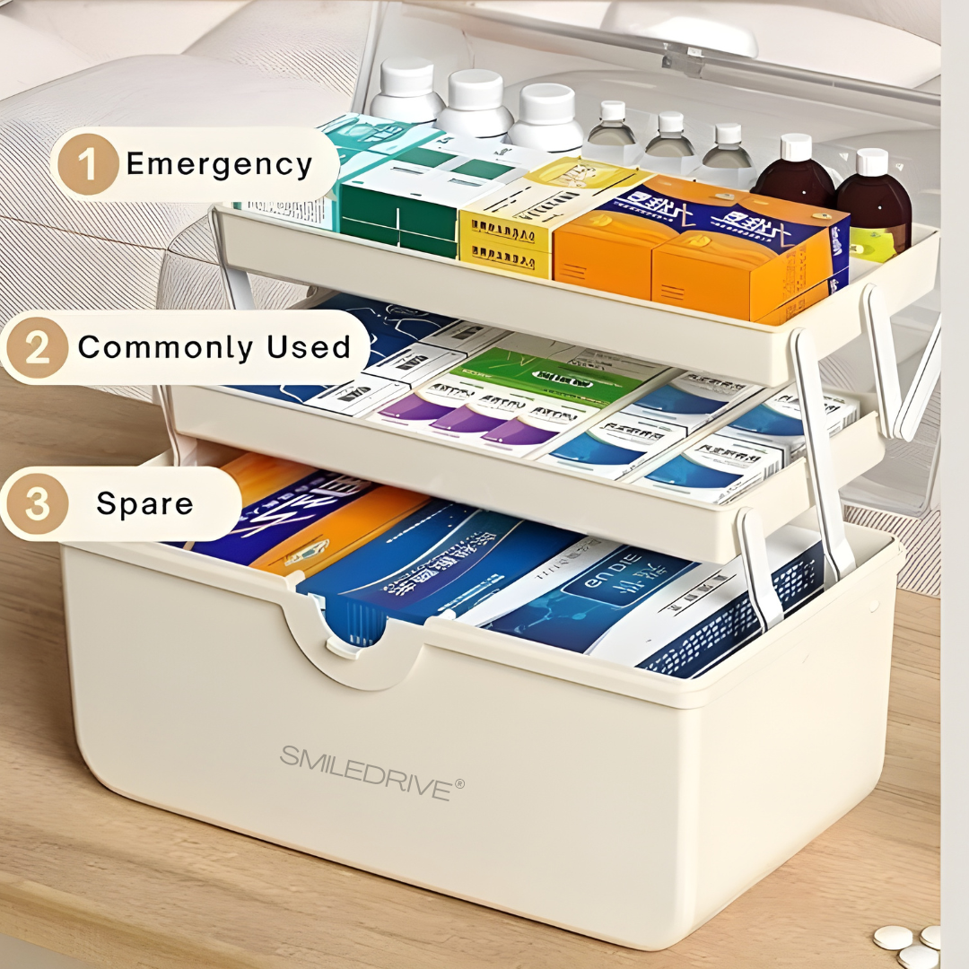SMILEDRIVE® Plastic Medicine Storage Box 3 Tier First Aid Box Makeup Organiser Multipurpose Storage Box