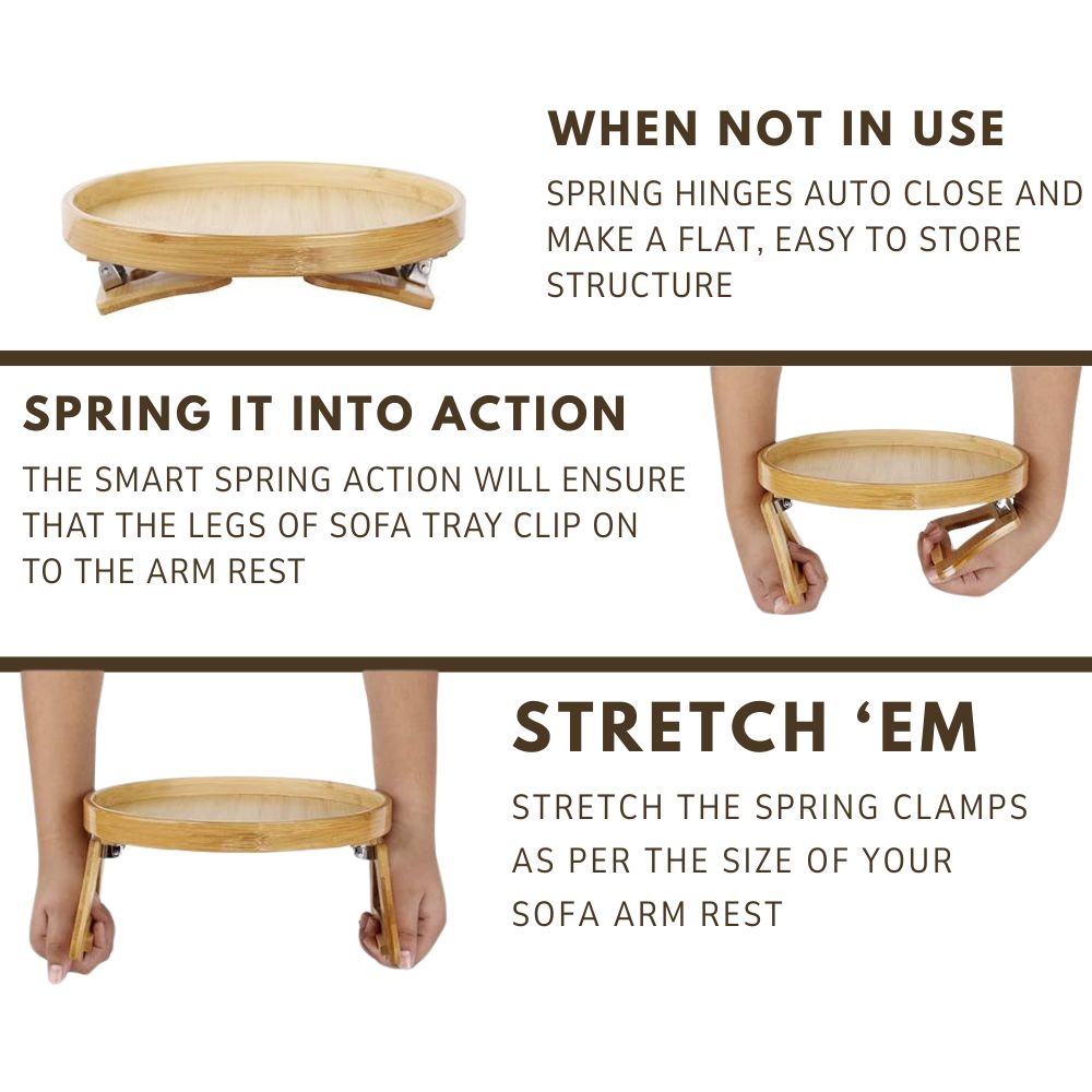 SMILEDRIVE® Clip-On Wooden Sofa Armrest Tray – Round | Ideal for Remotes, Drinks, and Phones