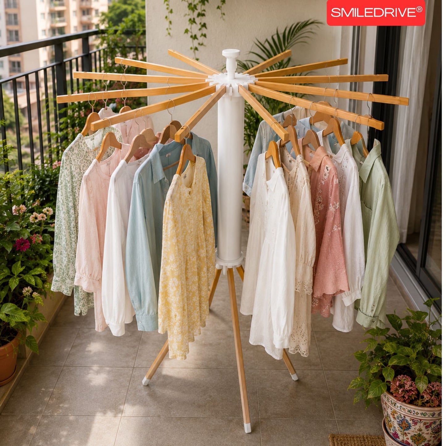 12-Arm Octopus Cloth Drying Stand – Premium Foldable & Rotatable Wooden Laundry Rack | Heavy Duty Tripod Base & Space-Saving Design for Indoor, Balcony & Outdoor Use