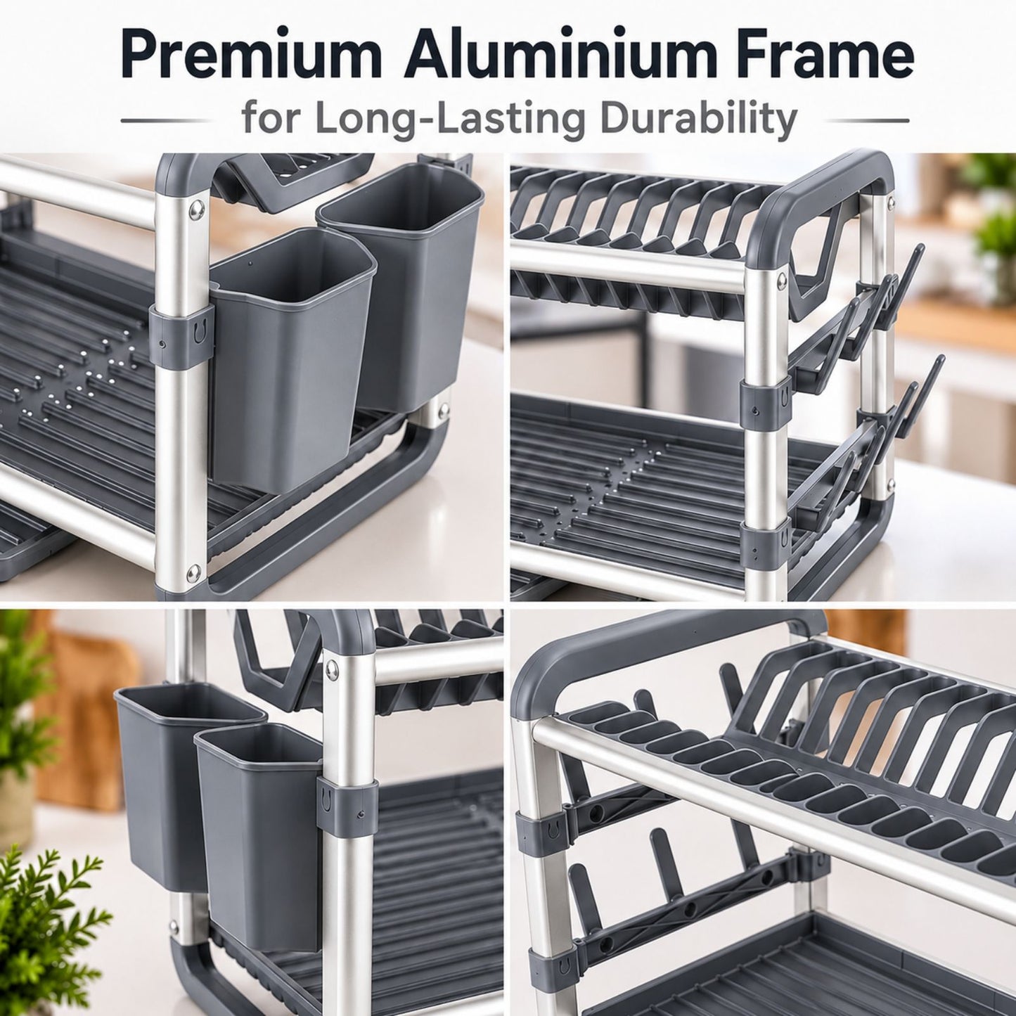 Dish Drying Rack with Drain Tray | 2-Tier Utensil Organizer with Cup and Cutlery Holder | Rust-Resistant Aluminium Kitchen Dish Rack | Available in Gold & Silver