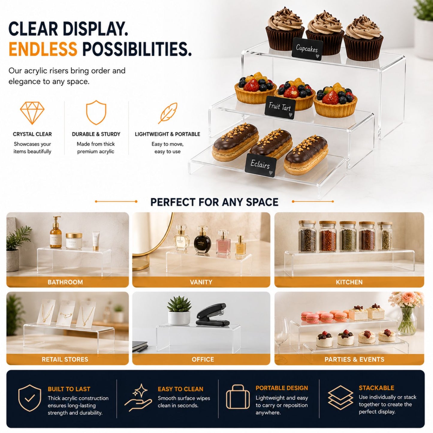 Acrylic Display Stand | Multi-Purpose Display Stands for Jewellery, Bakery, Retail, Cosmetics, Collectibles, & Home Use | Clear 5mm Thick Acrylic Product Display Risers Set of 3