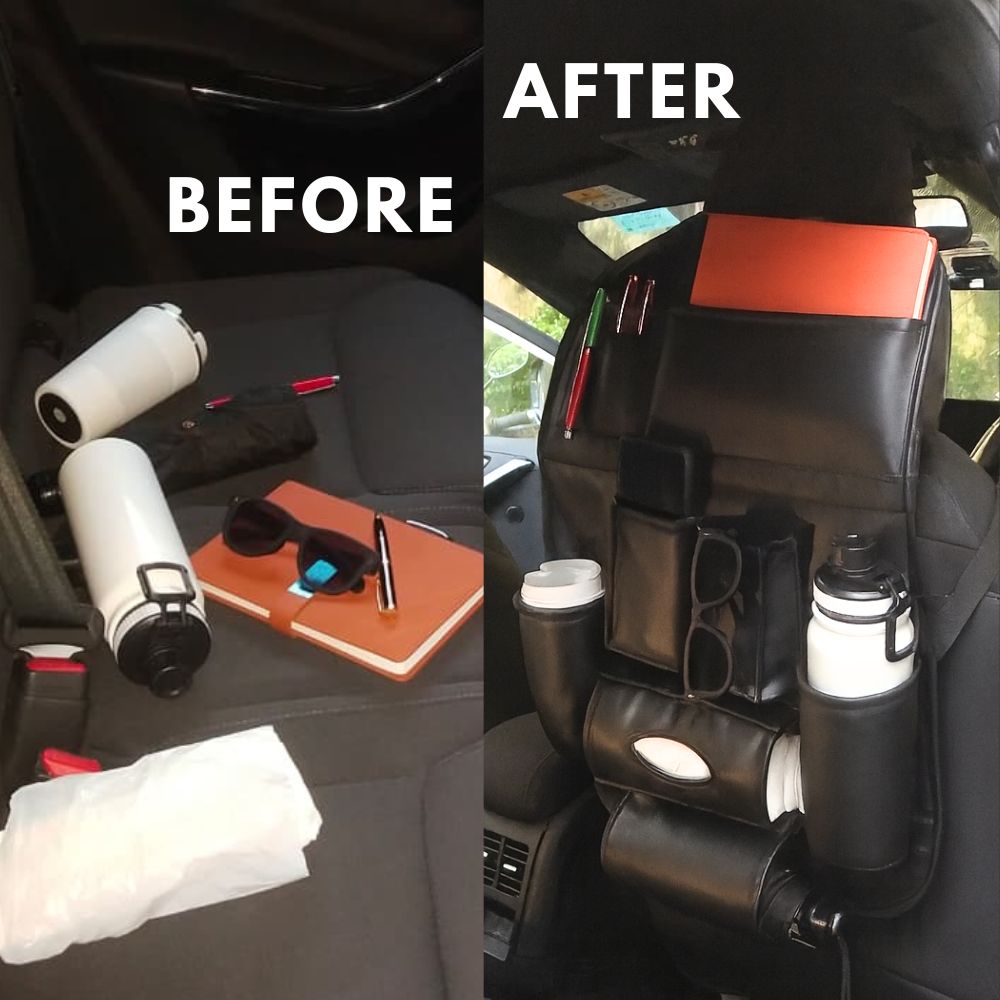 Car Back Seat Organizer–Premium Universal Car Rear Seat Storage | Multi-Pocket Storage, Bottle & Tissue Holders, Easy Install