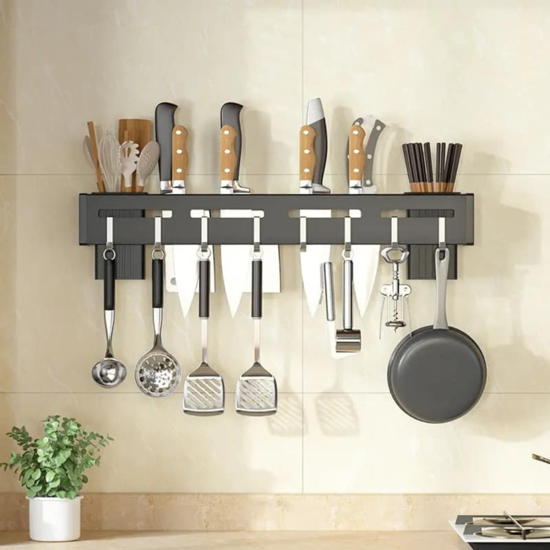 Smiledrive® Kitchen Knife Holder 60cm Wall-Mounted – Punch-Free, Space-Saving Organizer with 4 Tool Frames, 8 Hooks, and Built-in Drainage