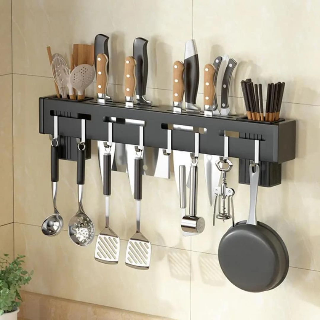 Smiledrive® Kitchen Knife Holder 60cm Wall-Mounted – Punch-Free, Space-Saving Organizer with 4 Tool Frames, 8 Hooks, and Built-in Drainage