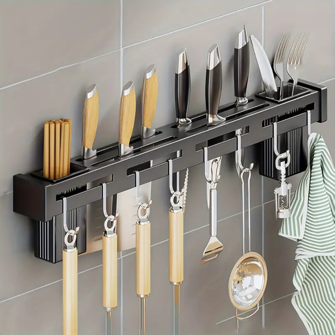 Smiledrive® Kitchen Knife Holder 60cm Wall-Mounted – Punch-Free, Space-Saving Organizer with 4 Tool Frames, 8 Hooks, and Built-in Drainage