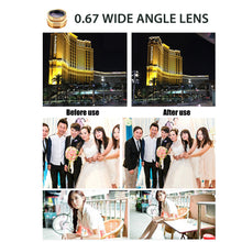 Load image into Gallery viewer, Universal 3 in 1 Lens Kit for Mobile Cell Phones Clip on 180° Fisheye 0.67x Wide Angle and 4x Macro Lens - Golden Smiledrive