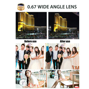 Universal 3 in 1 Lens Kit for Mobile Cell Phones Clip on 180° Fisheye 0.67x Wide Angle and 4x Macro Lens - Golden Smiledrive