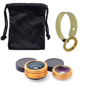 Universal 3 in 1 Lens Kit for Mobile Cell Phones Clip on 180° Fisheye 0.67x Wide Angle and 4x Macro Lens - Golden Smiledrive
