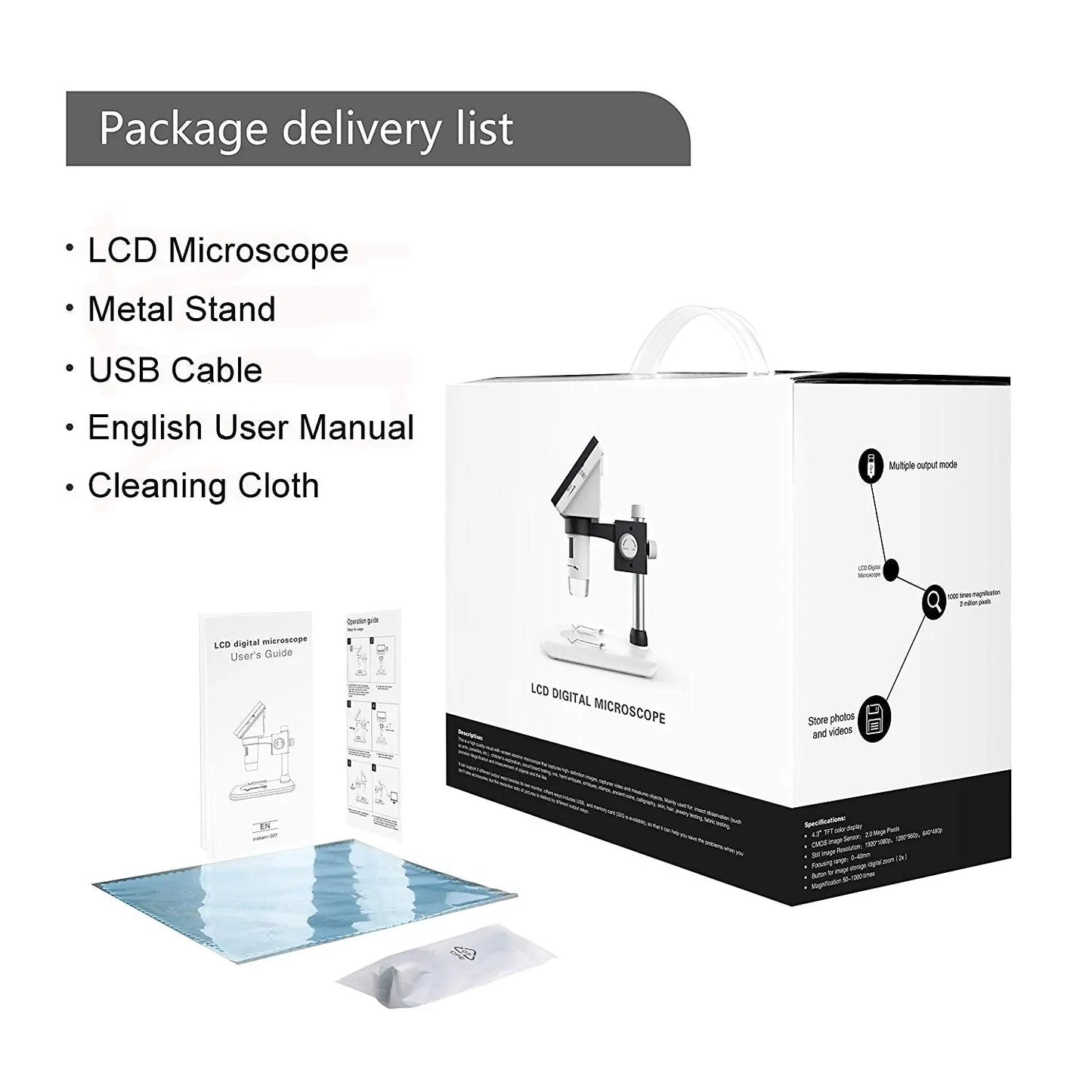 Digital High Definition Microscope with 50-1000x Mangnification 4.3" Screen-USB connects with PC, Built-in card slot (8gb) smiledrive
