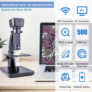 HD Wifi Digital Microscope with 0-2000X Magnification Dual Lens Built in Battery for Office Medical Industrial Use-Wifi Compatible with Android IOS devices & with USB wire for PC
