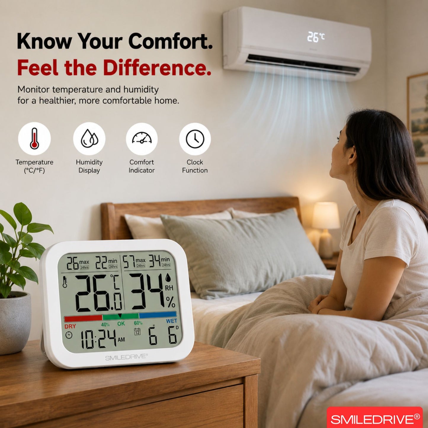 Digital Hygrometer Sensor with Thermometer for Home, Indoor, Outdoor | Temperature & Humidity Meter,Clock & Calendar, 24H Max/Min Records | Backlight Display, Magnetic Mount & Table Stand