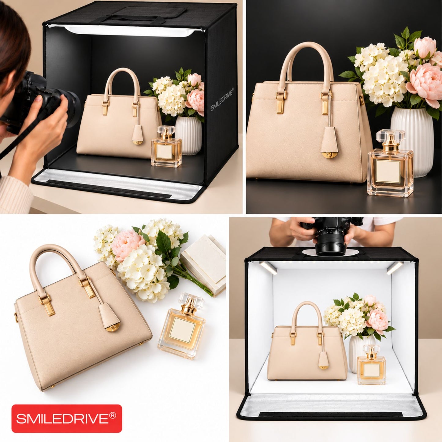 60 cm Product Photography Light Box | Portable Product Photography Box with Reflective Interior | 3 modes 4 LED lights with 2 dimmers  | 5 Backdrops Included | Perfect Photo Booth for Appliances, Electronics, Gadgets, Big toys, small & medium sized items