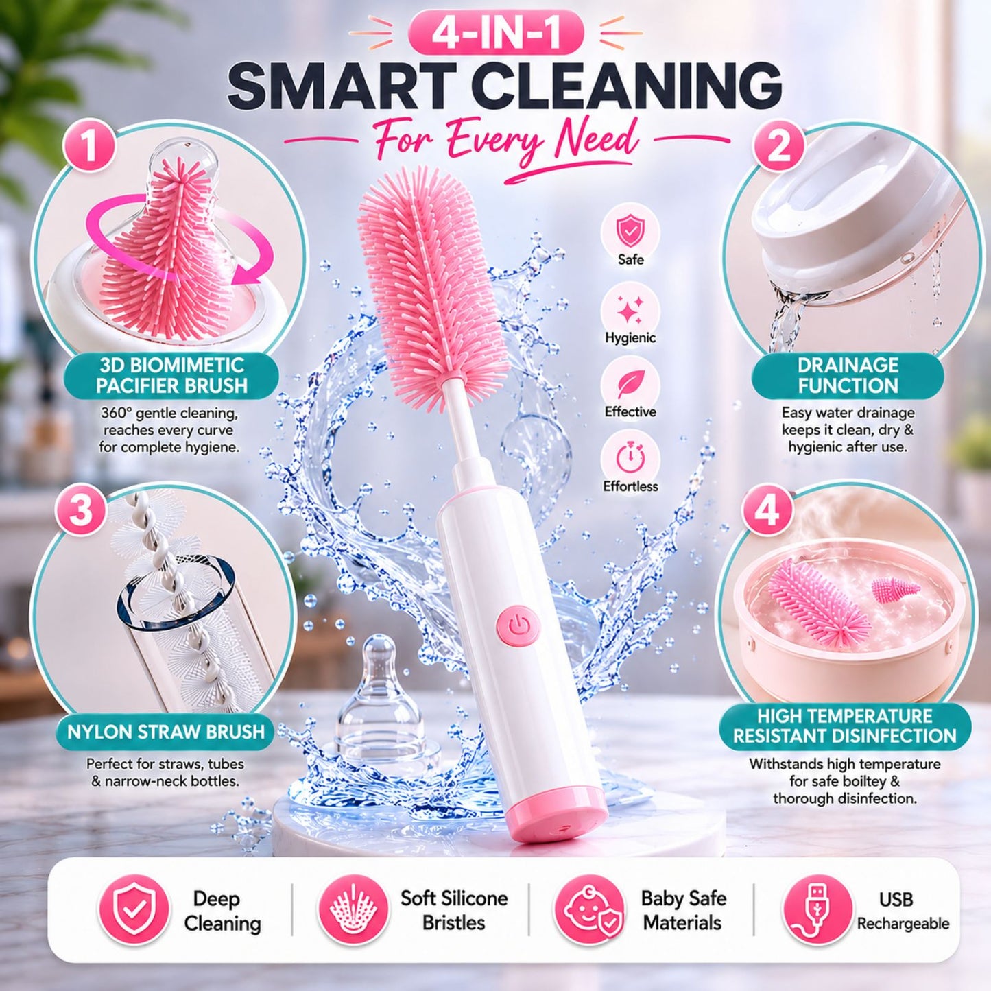Electric Bottle Cleaning Brush Set with USB Rechargeable Handle | 4-in-1 Baby Bottle Brush Cleaner Kit | For All Bottles, Feeding Bottles, Nipples & their Accessories