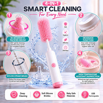 Electric Bottle Cleaning Brush Set with USB Rechargeable Handle | 4-in-1 Baby Bottle Brush Cleaner Kit | For All Bottles, Feeding Bottles, Nipples & their Accessories