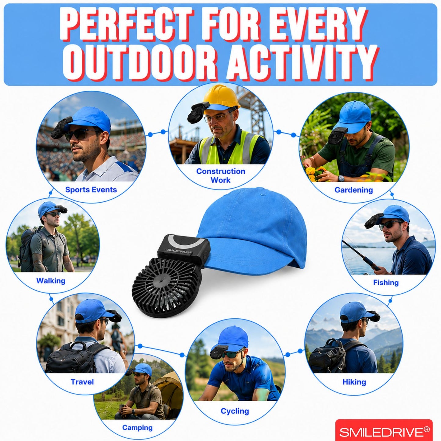 WEARKOOL Fan with Cap & Lanyard | Baseball Cap with Fan | 5 Speed 200mAH Rechargeable BLDC Fan with Powerful Airthrow & Digital Battery Display