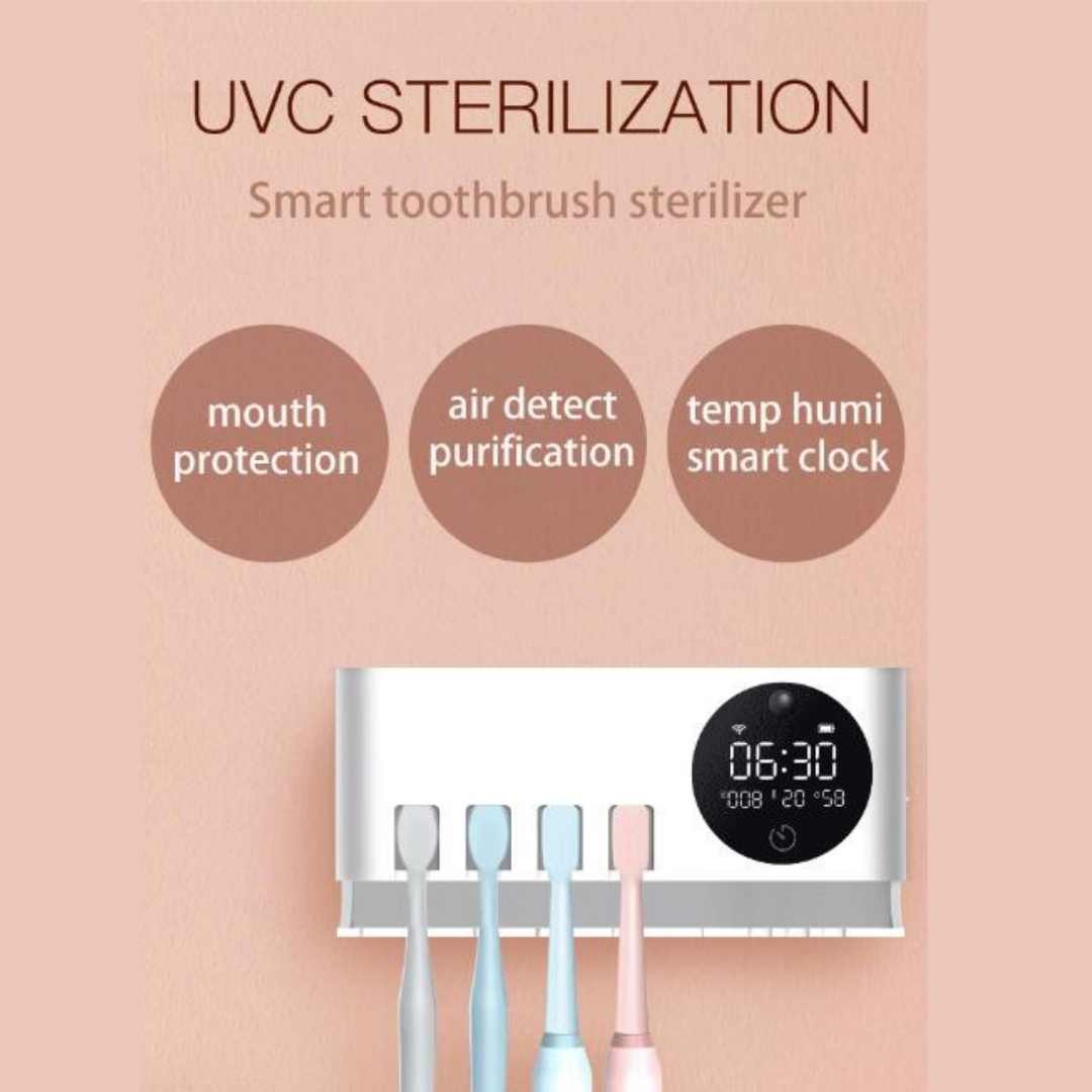 UV Toothbrush Sterilizer Stand with Smart Clock Humidity Temperature and Deep Deodorizing Function