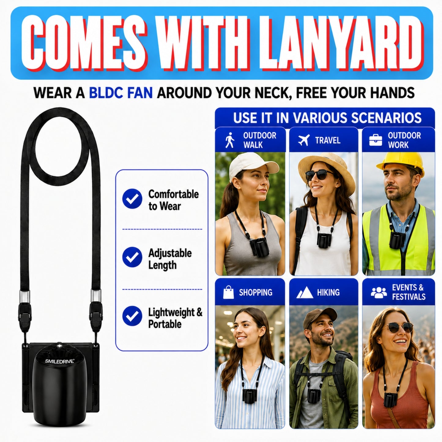 Wearkool Portable Mini Fan | Wearable BLDC Fan with Lanyard & Magnetic Base | Rechargeable 5-Speed Fan with Digital Battery Display