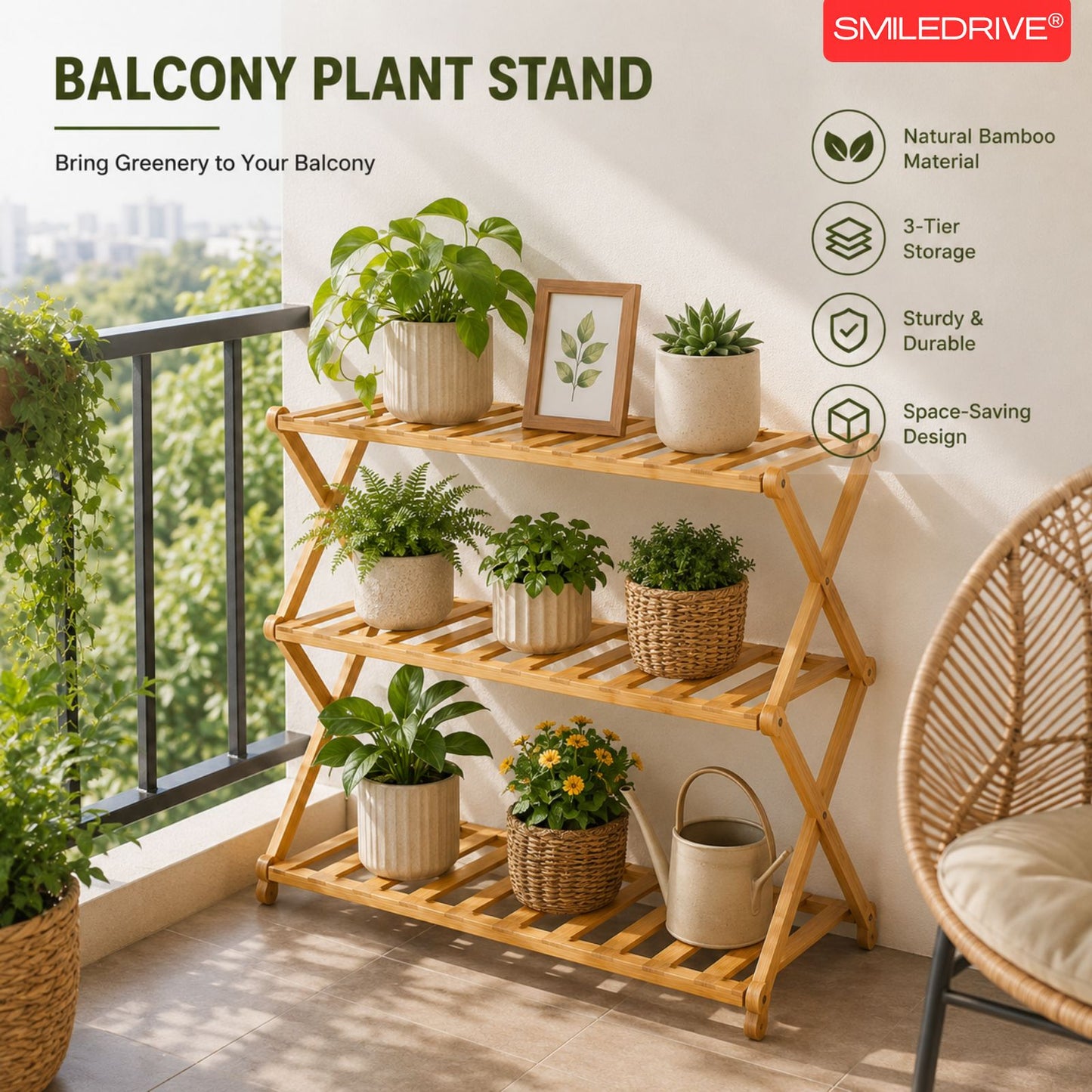 Foldable Bamboo Shoe Rack | 3 & 4-tier Balcony Plant Stand | Space Saving Storage Organizer for Entryway, Bedroom, Bathroom or Balcony