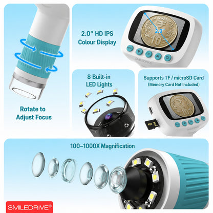 1000X Handheld Digital Microscope for Kids with 2.0" IPS Display | Portable Rechargeable Pocket Microscope with Lanyard| 8 LED Lights | for Coins, Plants, Insects, Jewellery, PCB & Educational Learning