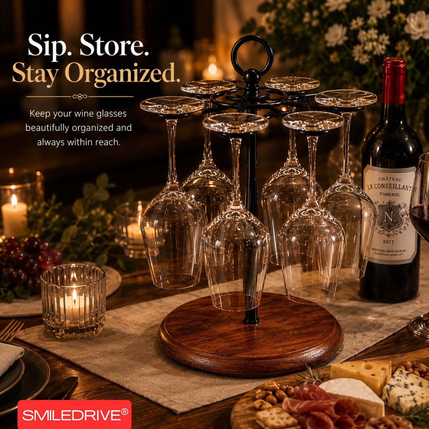 Wine Glass Holder Stand for 6 Glasses | 360° Rotating Wooden Base Stemware Organizer for Home Bar, Kitchen & Dining Table