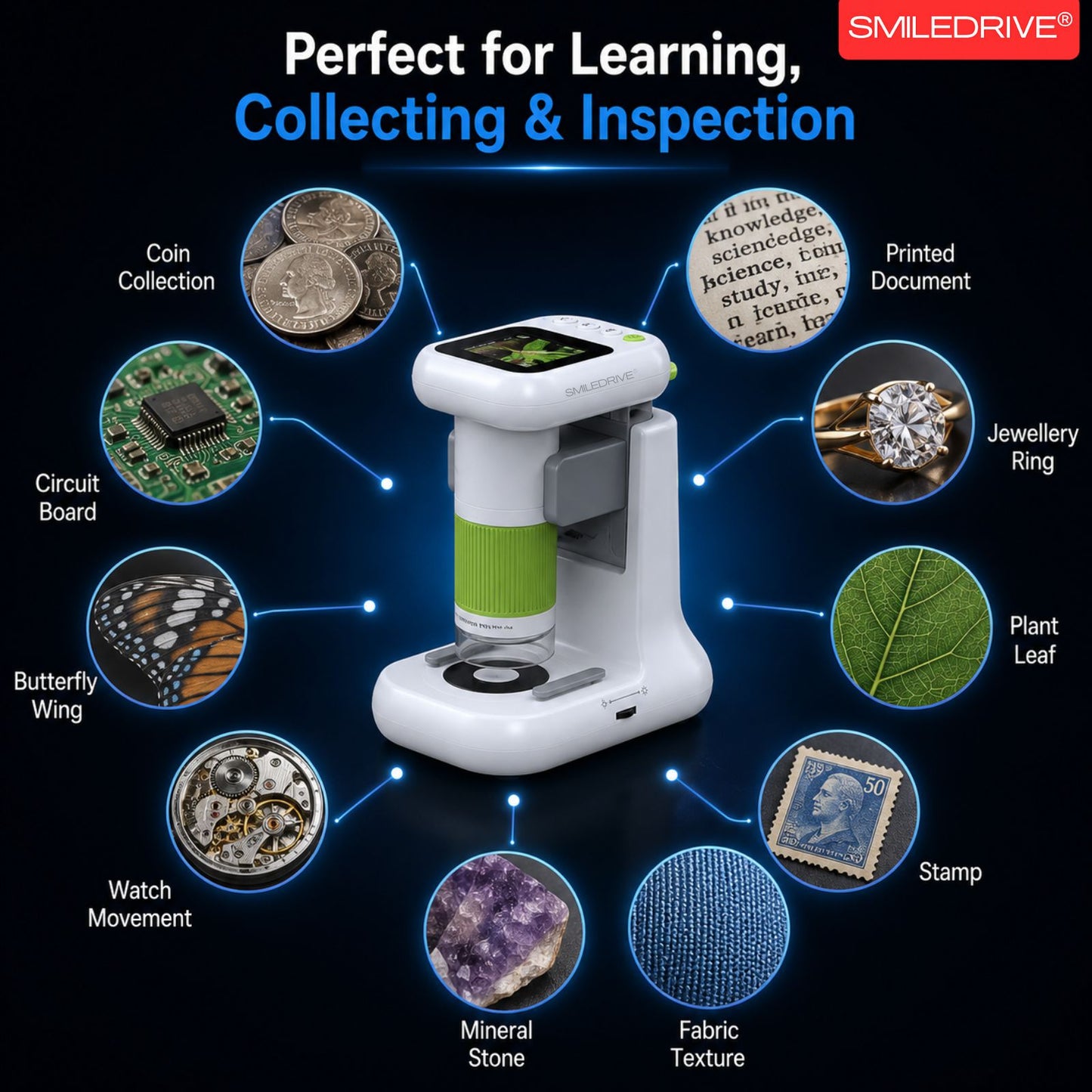 Mini Microscope with 1000x HD Magnification | 2.4” Screen LED Lights & Bottom Backlight | Photo & Video Capture | Rechargeable Handheld Microscope for Coins, Plants, PCB, Jewellery & STEM Learning