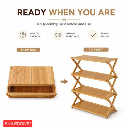 Foldable Bamboo Shoe Rack | 3 & 4-tier Balcony Plant Stand | Space Saving Storage Organizer for Entryway, Bedroom, Bathroom or Balcony
