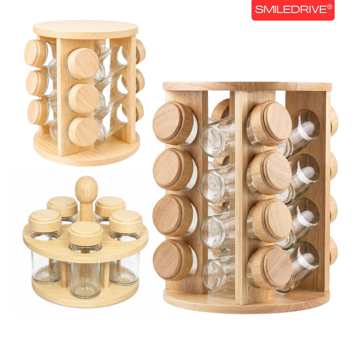 Rotating Spice Rack Wooden Spice Organizer | 5, 12 or 16 Glass Jar with Revolving Stand
