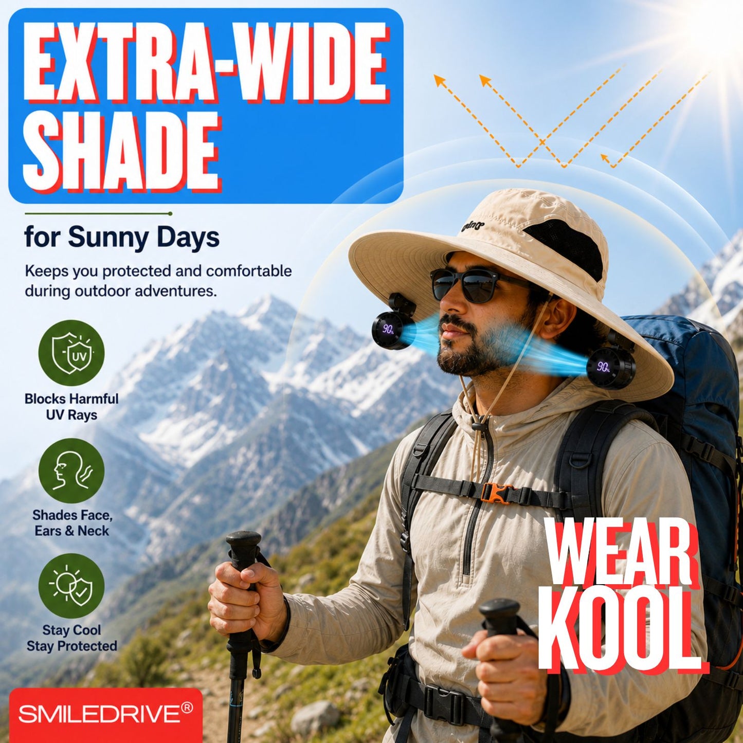 Wearkool Cooling Hat with Dual Detachable BLDC Fans and Lanyard | 5-Speed Rechargeable BLDC Fans with Digital Battery Display | Adjustable Wide Brim Outdoor Hat for Fishing, Gardening, Hiking, Camping & Outdoor Work