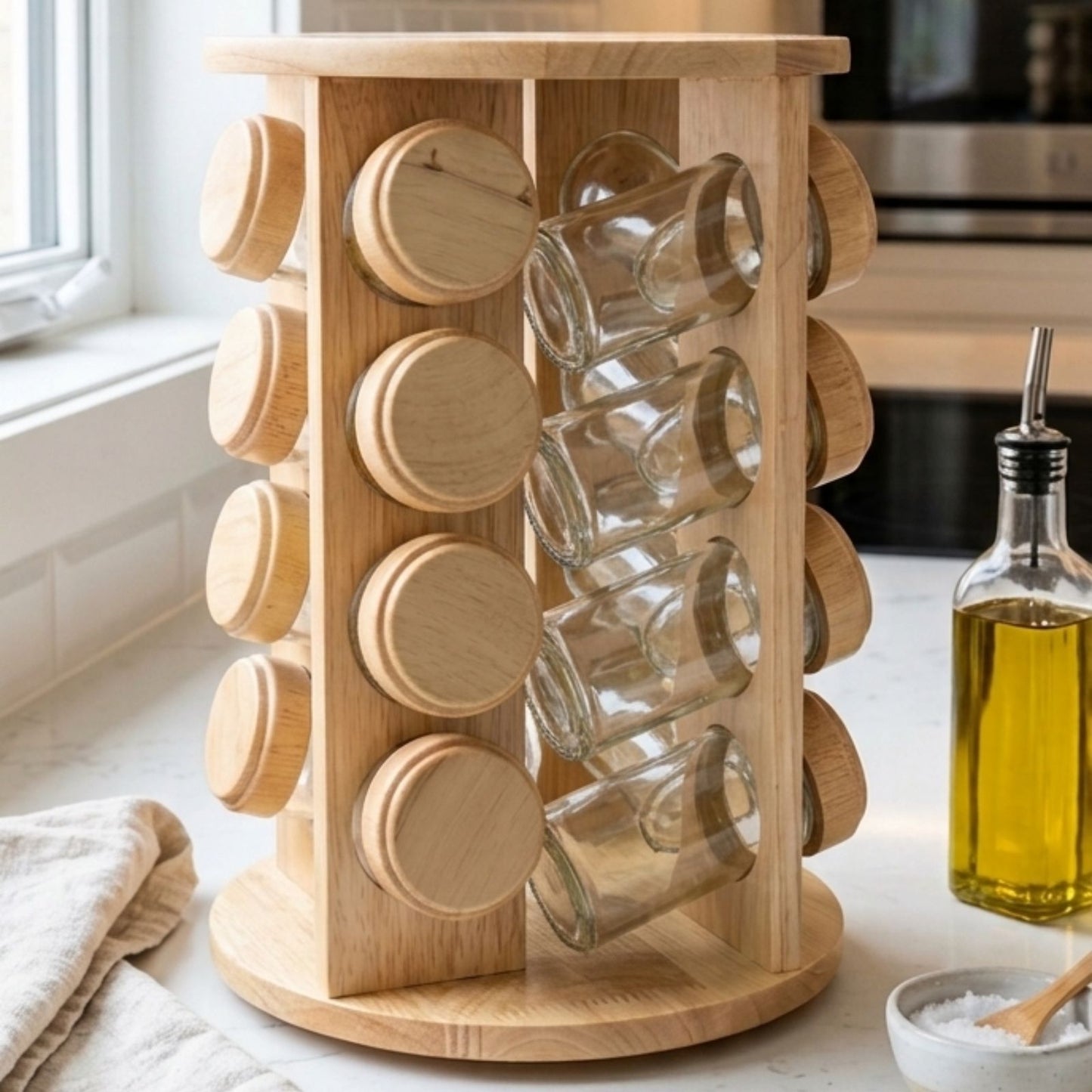 Rotating Spice Rack Wooden Spice Organizer | 5, 12 or 16 Glass Jar with Revolving Stand