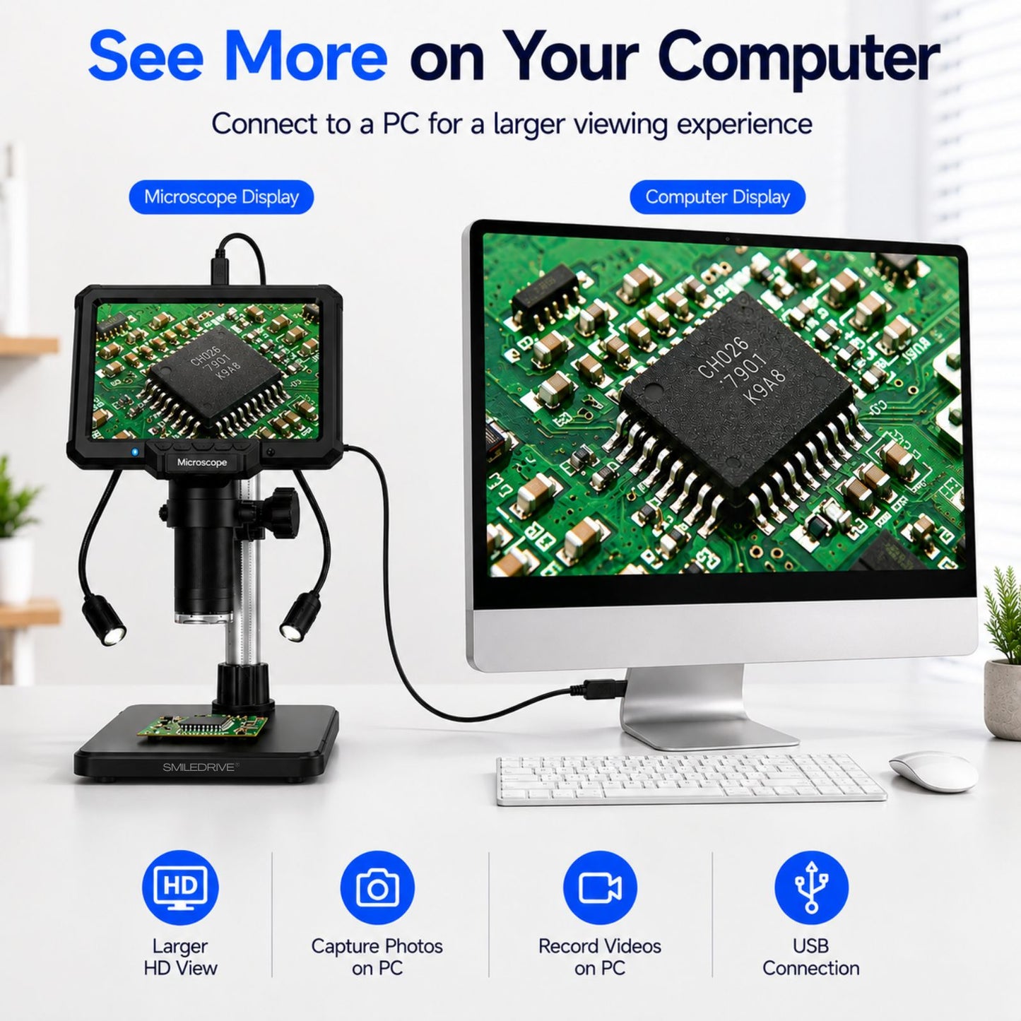 Digital Microscope with 7 inch Screen | 16MP Camera | 50X–1200X Magnification | 1080P Recording | 8+2 LED Lights | Coin, PCB & Jewellery Inspection Microscope