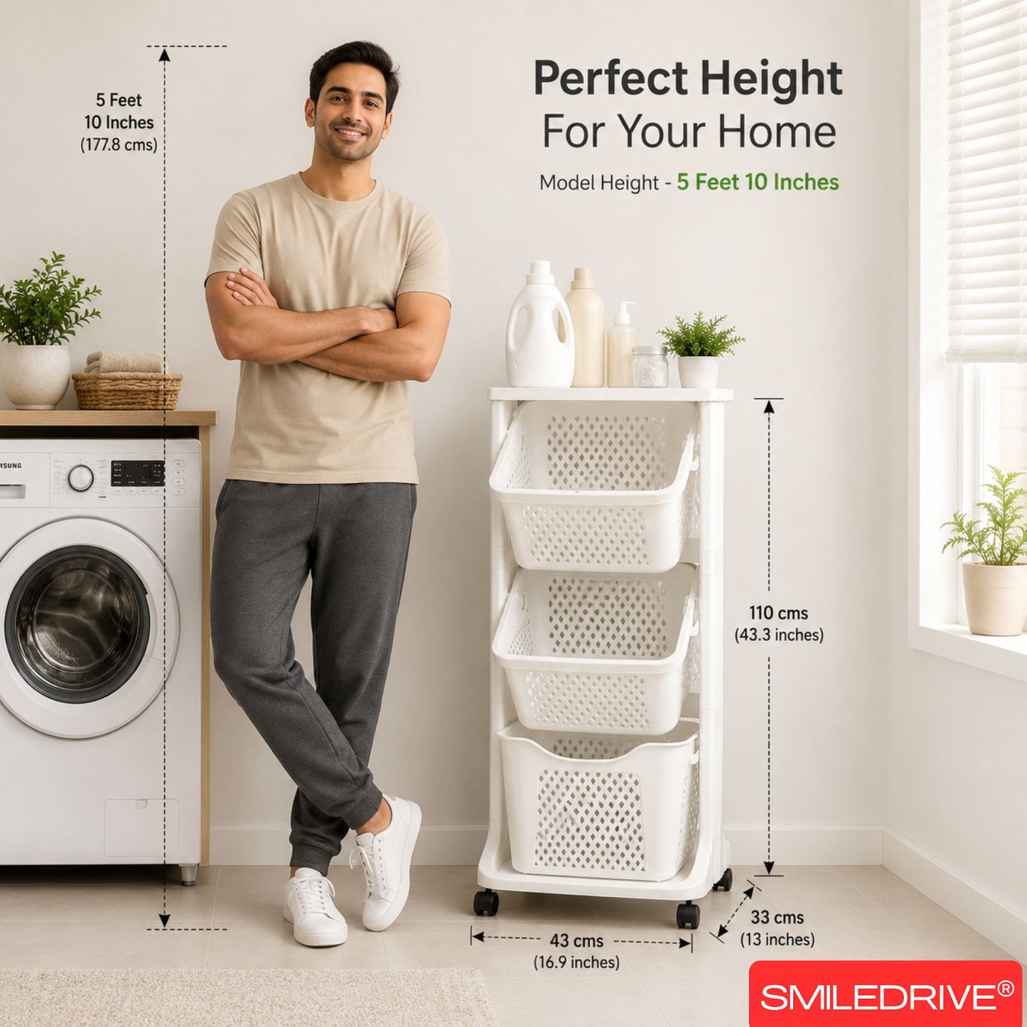 3 Tier Kitchen Rack Laundry Basket with Wheels | Plastic Laundry Organizer | Space Saving Multi Purpose Storage Racks for Kitchen, Laundry Room, Bathroom, Bedroom
