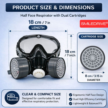 Industrial Respiratory Mask with Dual Reusable Filters & Free 2+2 Air Filter Cartridges – Gas Mask for Paint, Woodwork, Chemical & Industrial Processes Involving Odors & Dust