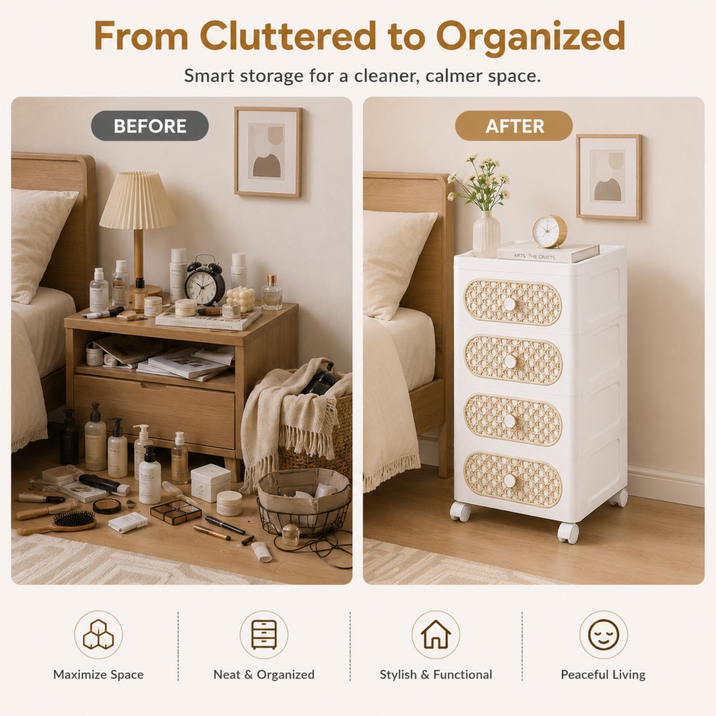 Plastic Storage Drawers | 4 Drawer Organzier Storage Cabinet with Wheels for Bedroom Bathroom Office | Available in White & Cream