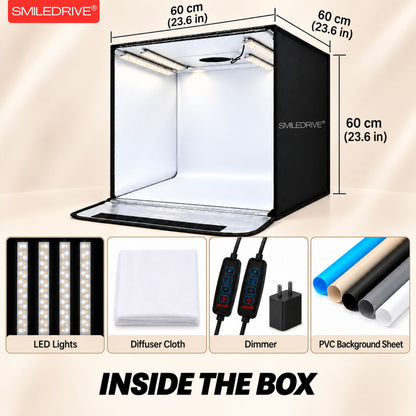 60 cm Product Photography Light Box | Portable Product Photography Box with Reflective Interior | 3 modes 4 LED lights with 2 dimmers  | 5 Backdrops Included | Perfect Photo Booth for Appliances, Electronics, Gadgets, Big toys, small & medium sized items