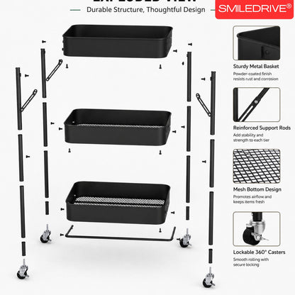 Kitchen Storage Trolley | 3 Tier Fruit and  Vegetable Basket with Wheels | Rolling Cart Trolley for Kitchen, Pantry, Bathroom & Laundry Room | Black