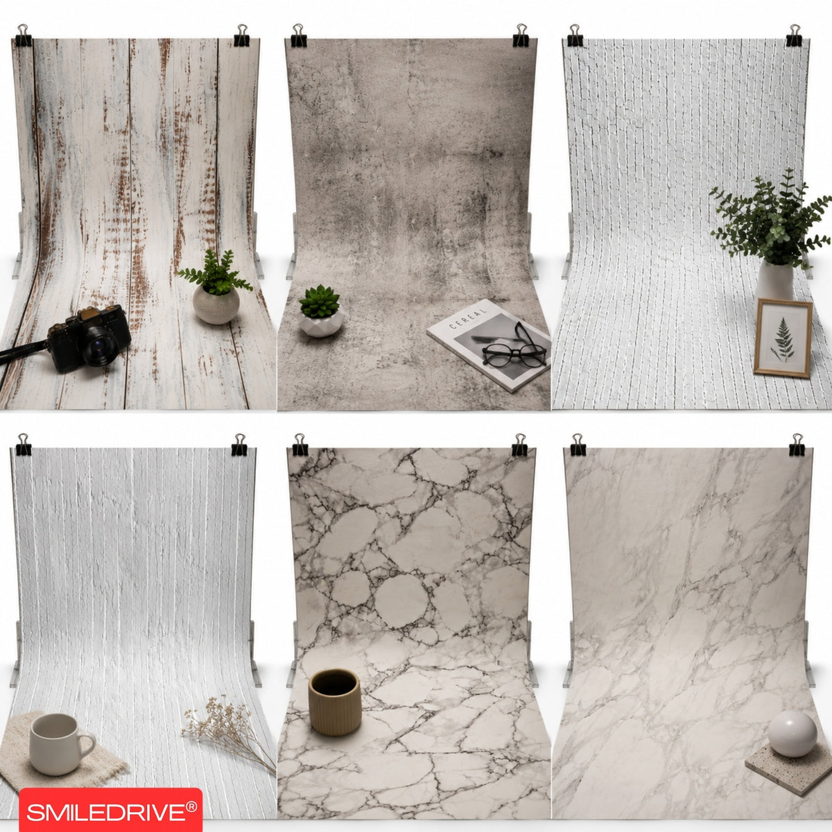Product Photography Backdrop Kit | 22x34.5 Inch Photography Background Sheets | 3 Front-Back Sheets with 6 Designs | 2 Particle Boards for Quick & Stable Set up