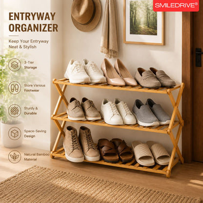Foldable Bamboo Shoe Rack | 3 & 4-tier Balcony Plant Stand | Space Saving Storage Organizer for Entryway, Bedroom, Bathroom or Balcony