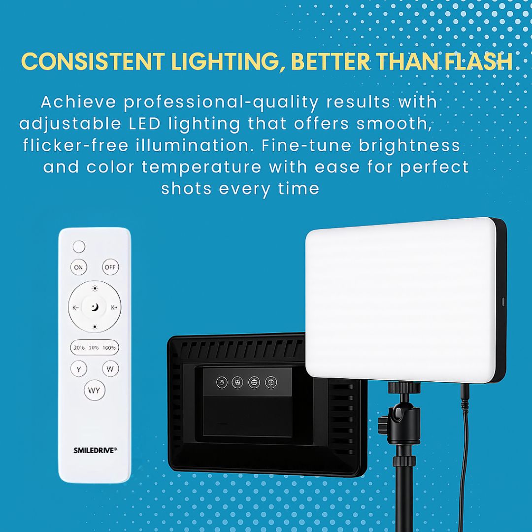 SMILEDRIVE® Photography Light - LED Video Light Panel with 240 SMD Beads & 7ft Tripod – Dimmable 3000K–6500K Lighting Kit for Photography, Videography & Content Creation