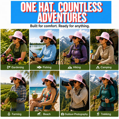 Wearkool Women’s Cooling Sun Hat with Dual Detachable BLDC Fans & Lanyard | 5-Speed Rechargeable Fans with Digital Battery Display | Extra-Wide Brim Hat with Back Bow for Gardening, Fishing, Hiking, Camping & Outdoor Work