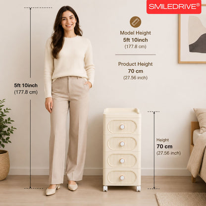 Plastic Storage Drawers | 4 Drawer Organzier Storage Cabinet with Wheels for Bedroom Bathroom Office | Available in White & Cream