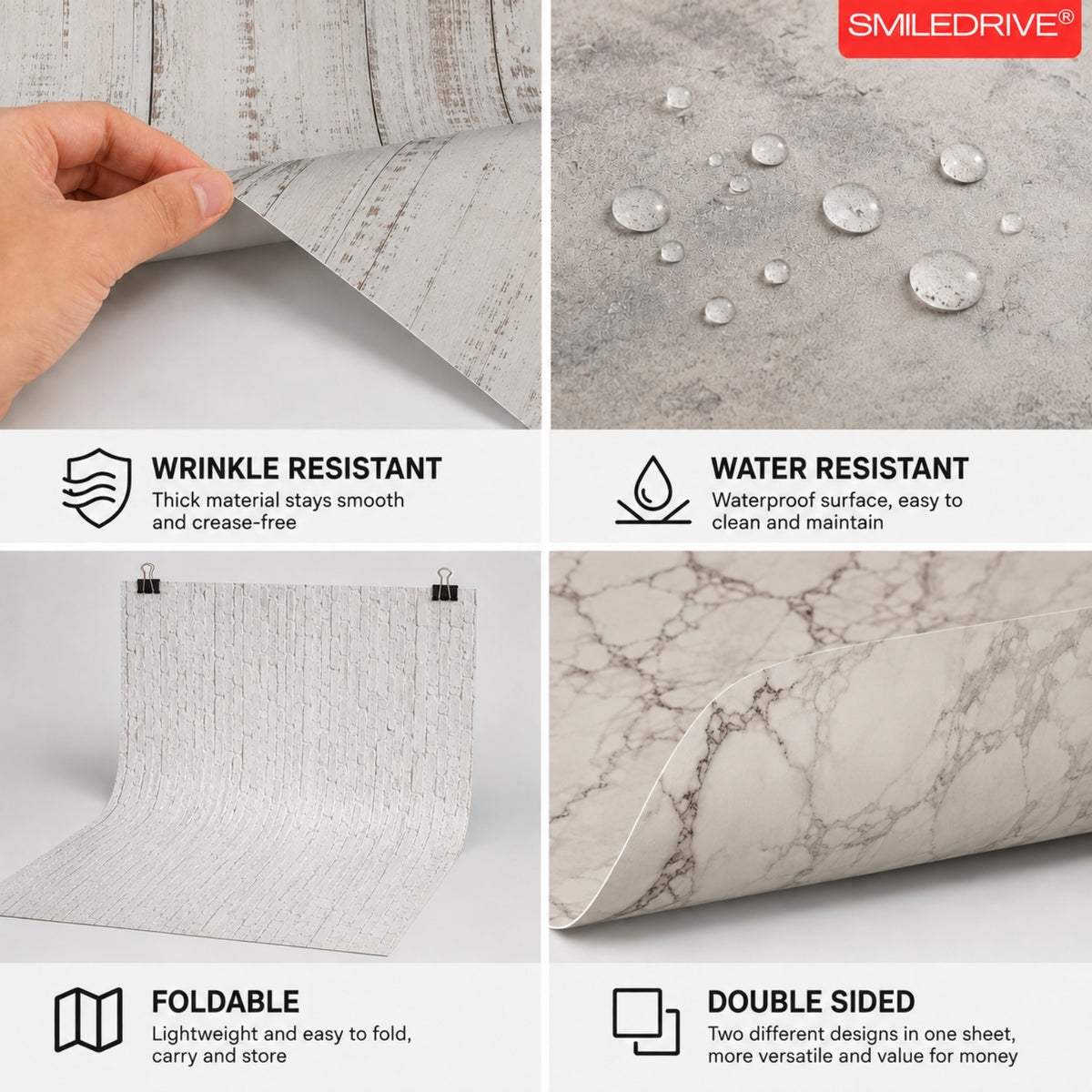 Product Photography Backdrop Kit | 22x34.5 Inch Photography Background Sheets | 3 Front-Back Sheets with 6 Designs | 2 Particle Boards for Quick & Stable Set up