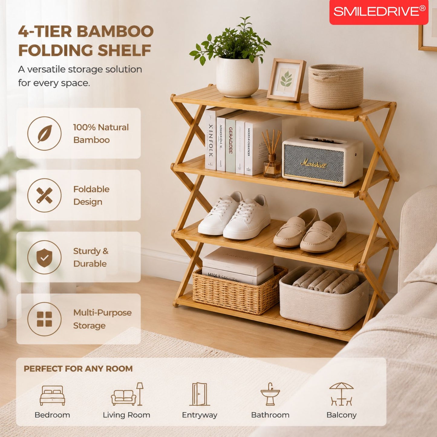 Foldable Bamboo Shoe Rack | 3 & 4-tier Balcony Plant Stand | Space Saving Storage Organizer for Entryway, Bedroom, Bathroom or Balcony